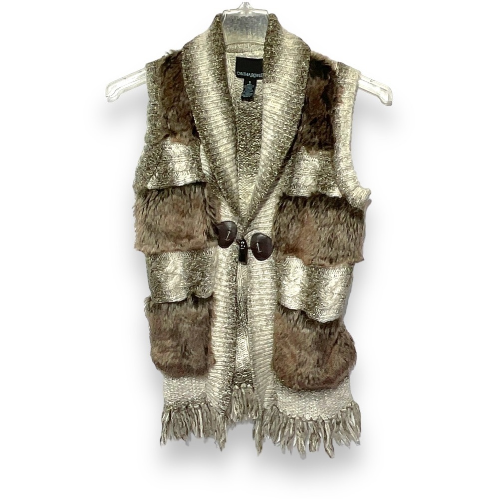 Cynthia Rowley Sweater Vest Knit Faux Fur Brown Beige Fringe Stripe Size S